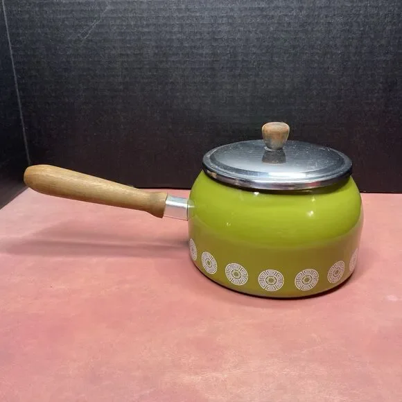 Vintage Mid Century Modern Enamel Saucepan Plate Fondue Pot Wood Handle Green - Picture 9 of 12